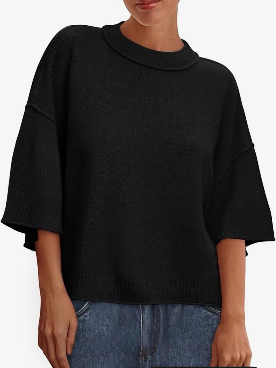 Relaxed Black Short-Sleeve Crewneck Sweater - Women